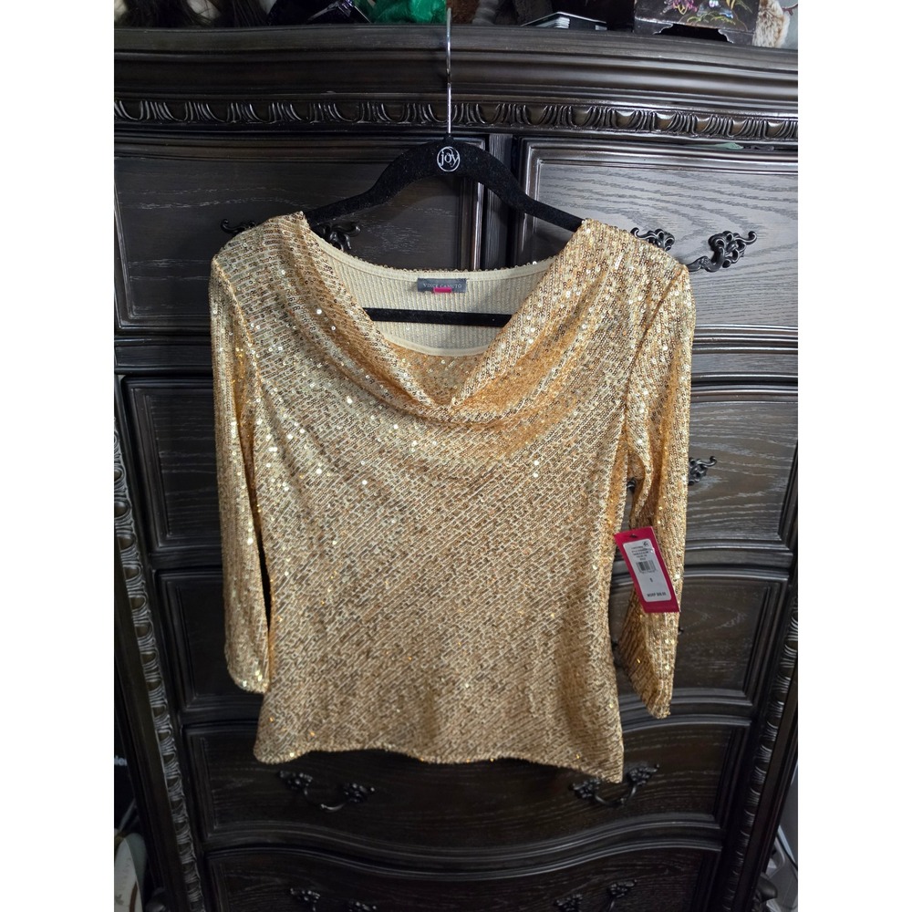 Vince Camuto Gold Sequin Cowl Neck Top Twinkle & Glow 91524B626 Womens Small NWT